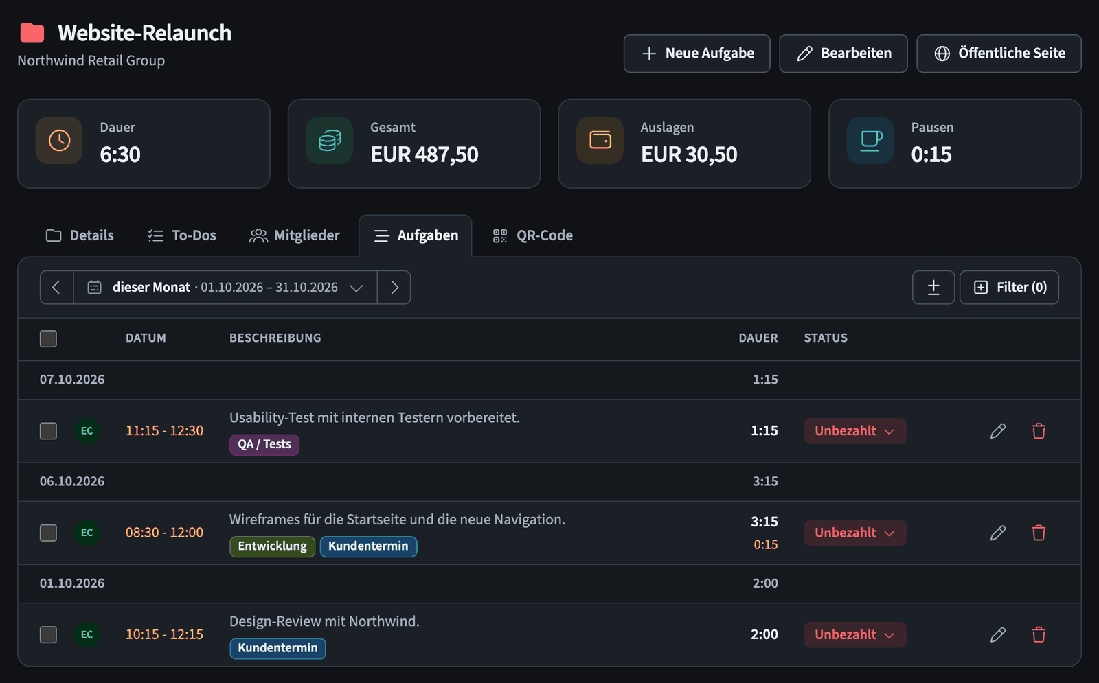 Tab Aufgaben mit Zeitraumfilter und nach Datum gruppierten Einträgen