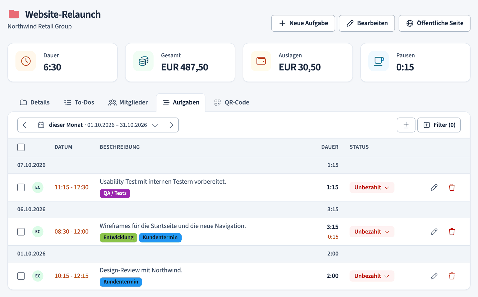 Tab Aufgaben mit Zeitraumfilter und nach Datum gruppierten Einträgen