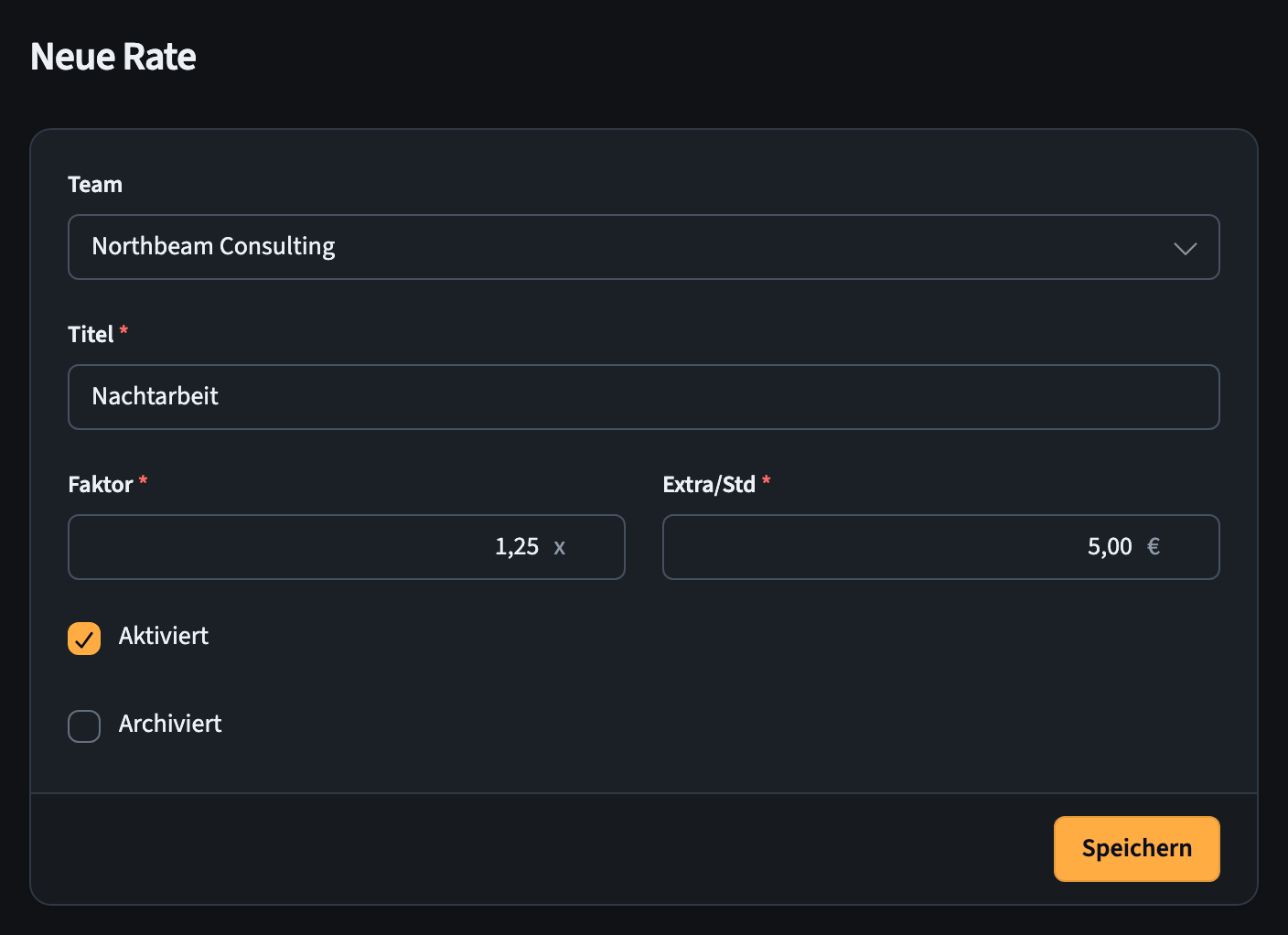 Formular für eine neue Rate mit den Feldern Team, Titel, Faktor, Extra/Std, Aktiviert und Archiviert
