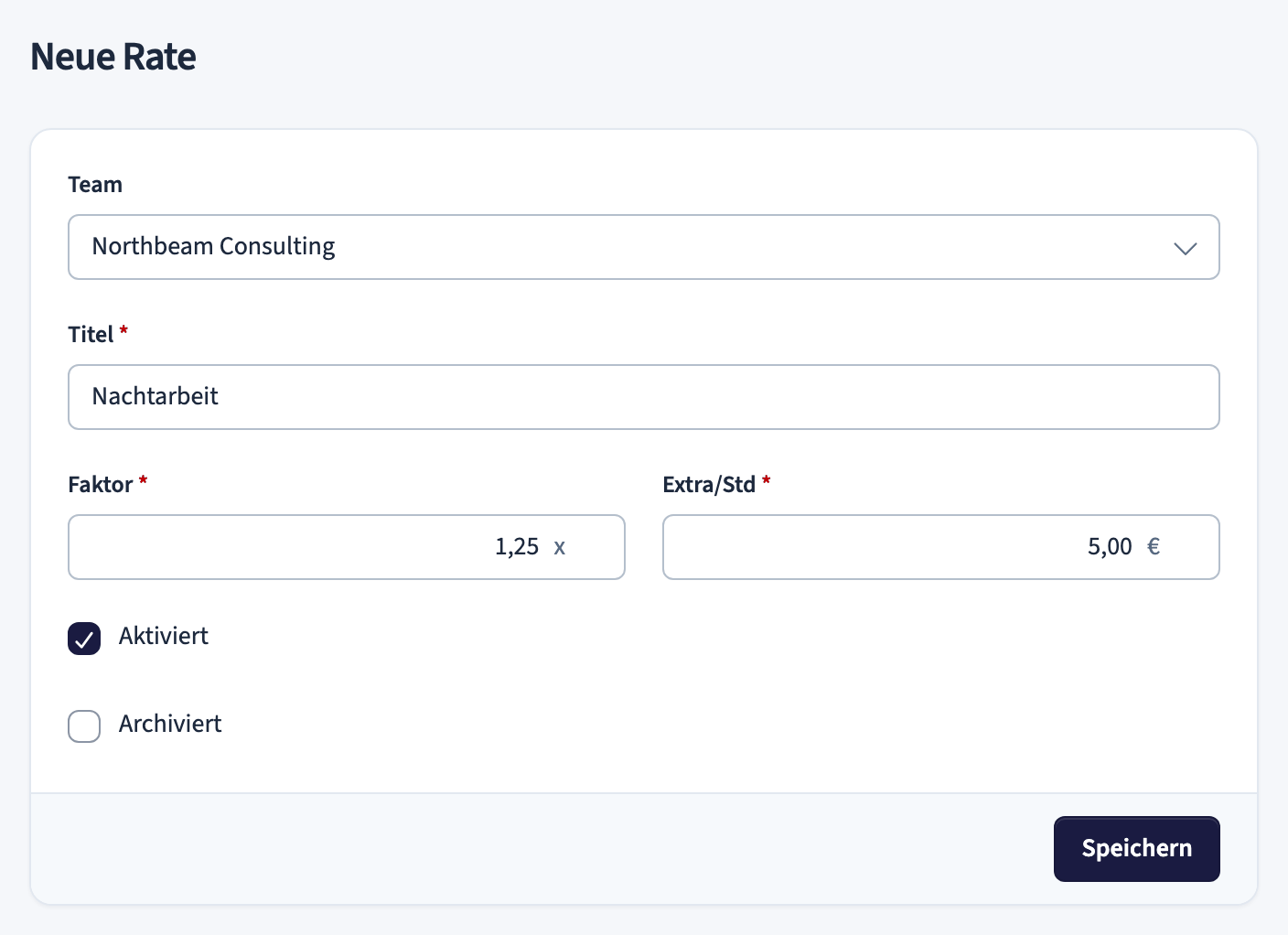 Formular für eine neue Rate mit den Feldern Team, Titel, Faktor, Extra/Std, Aktiviert und Archiviert