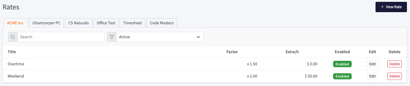 Rate list with team tabs and a table of rates