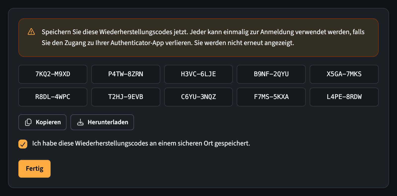 Wiederherstellungscodes mit Schaltflächen zum Kopieren und Herunterladen
