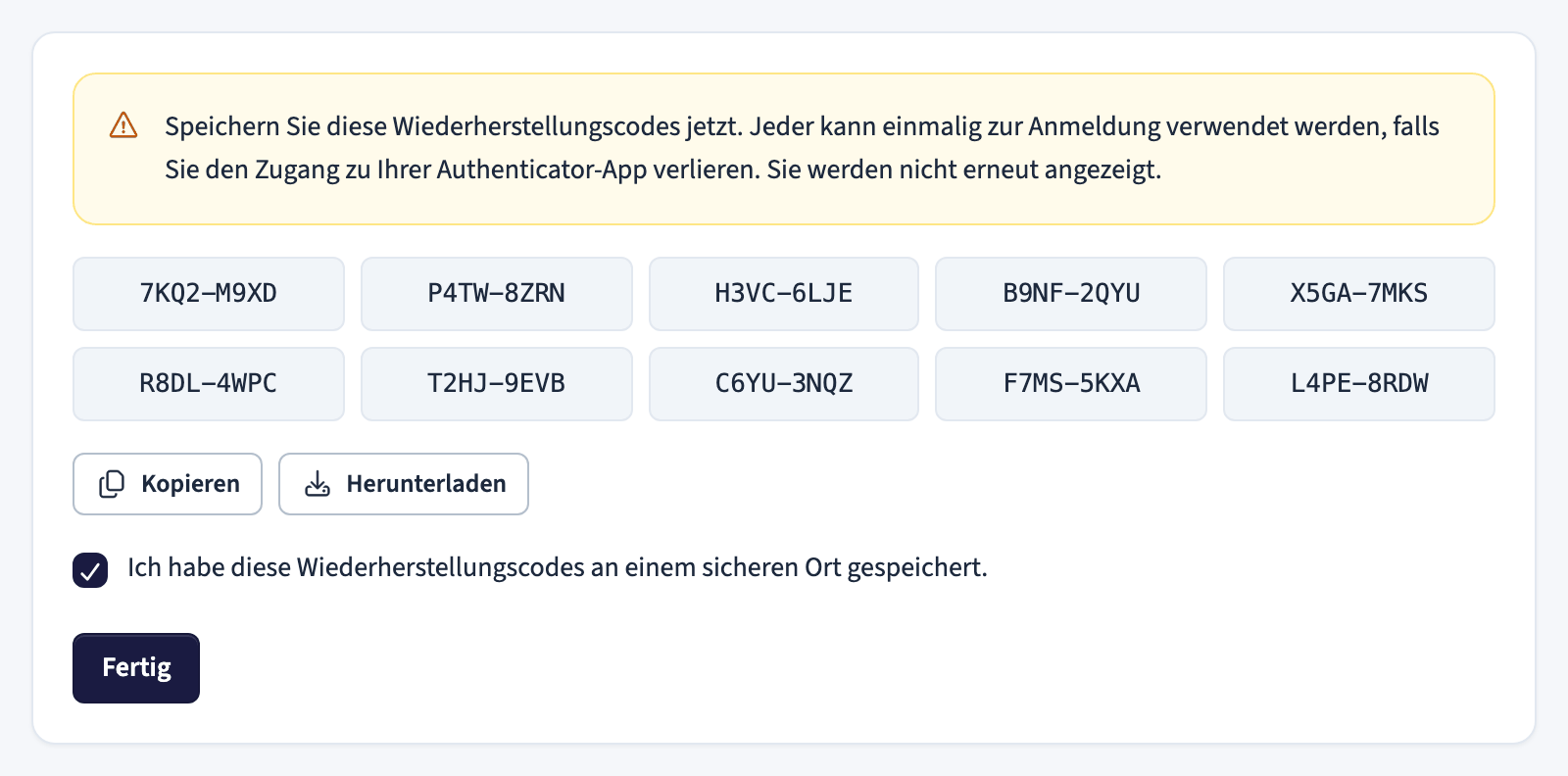 Wiederherstellungscodes mit Schaltflächen zum Kopieren und Herunterladen