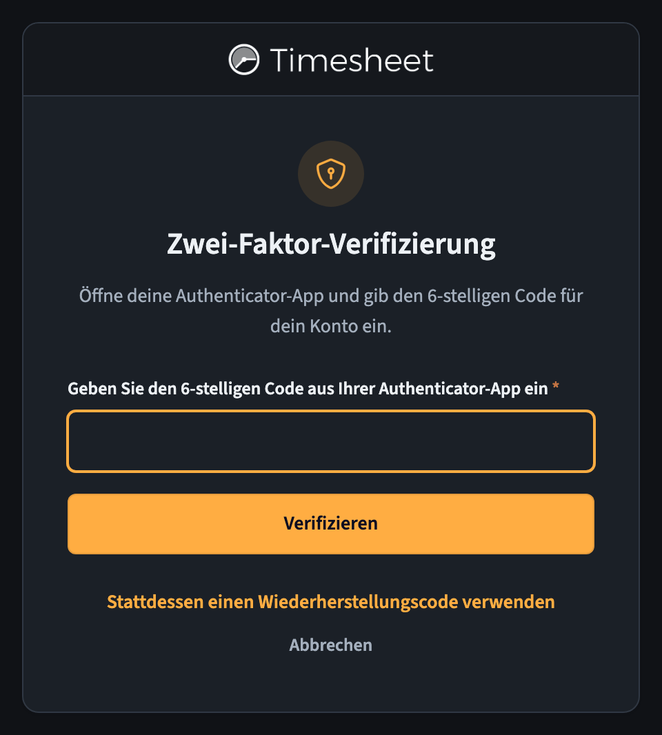 Anmeldeschritt, der nach dem 6-stelligen Authenticator-Code fragt