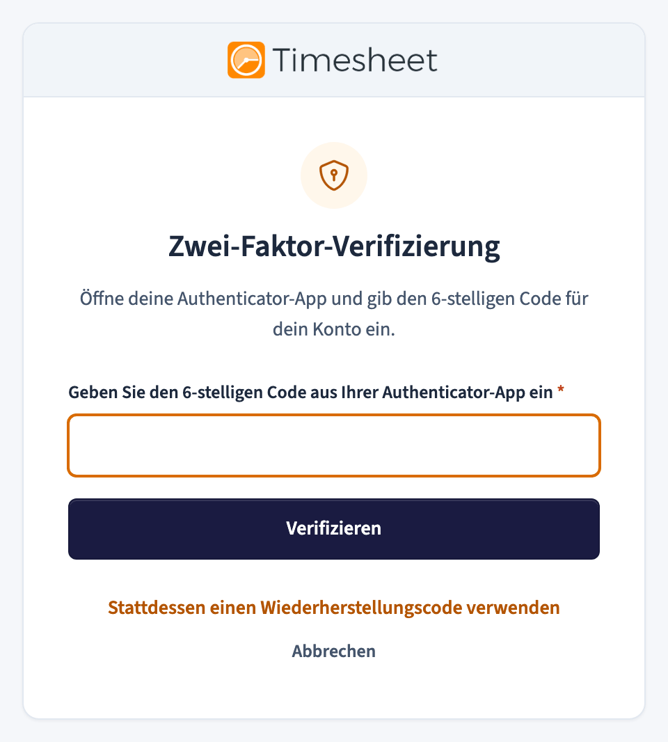 Anmeldeschritt, der nach dem 6-stelligen Authenticator-Code fragt