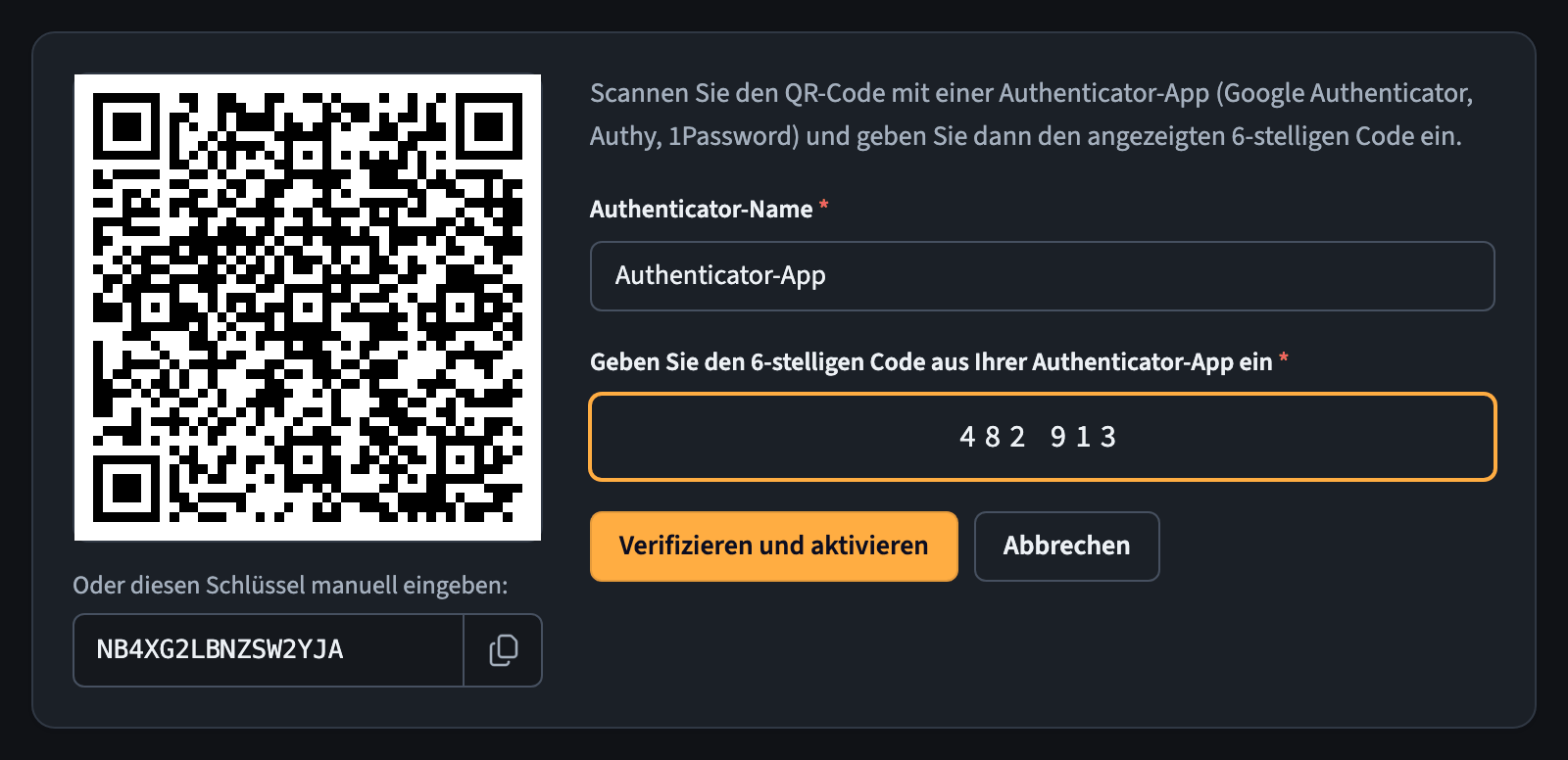 Zwei-Faktor-Einrichtung mit einem QR-Code und einem Feld für den 6-stelligen Code