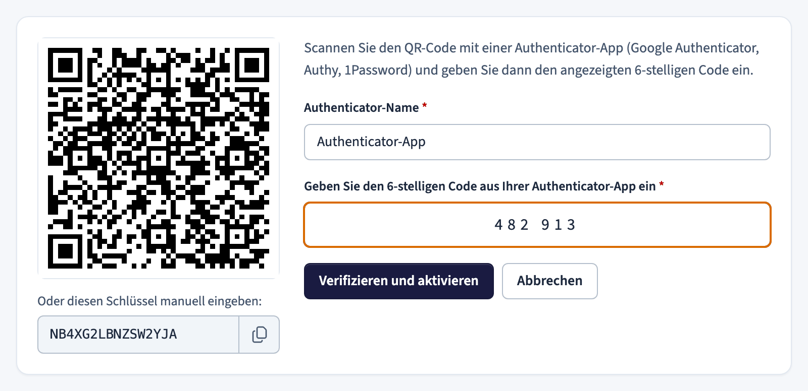 Zwei-Faktor-Einrichtung mit einem QR-Code und einem Feld für den 6-stelligen Code