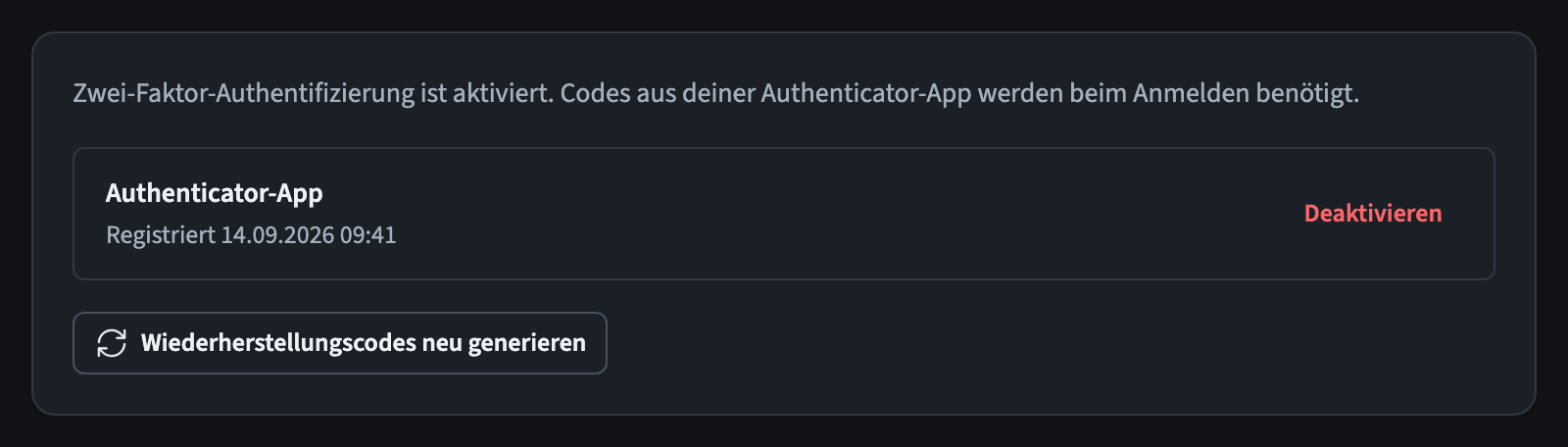 Aktivierte Zwei-Faktor-Authentifizierung mit Optionen zum Deaktivieren oder Neugenerieren der Wiederherstellungscodes