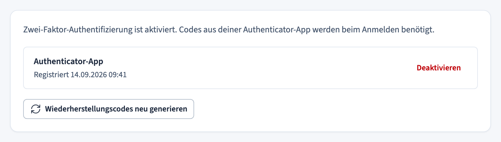Aktivierte Zwei-Faktor-Authentifizierung mit Optionen zum Deaktivieren oder Neugenerieren der Wiederherstellungscodes