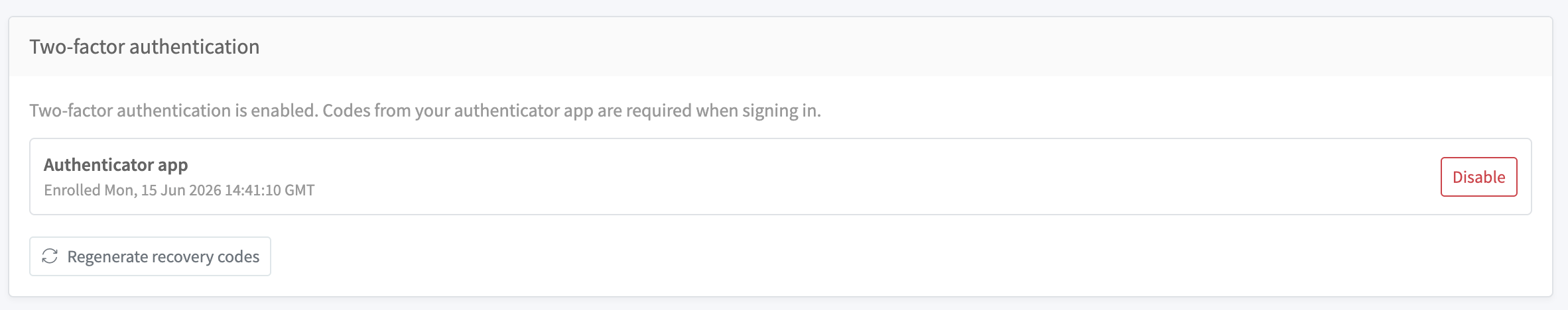 Enabled two-factor authentication with options to disable or regenerate recovery codes
