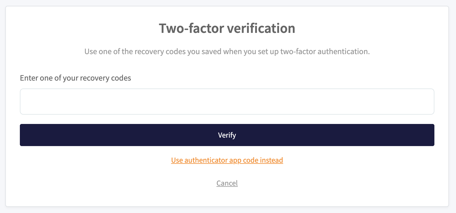 Sign-in step asking for a recovery code