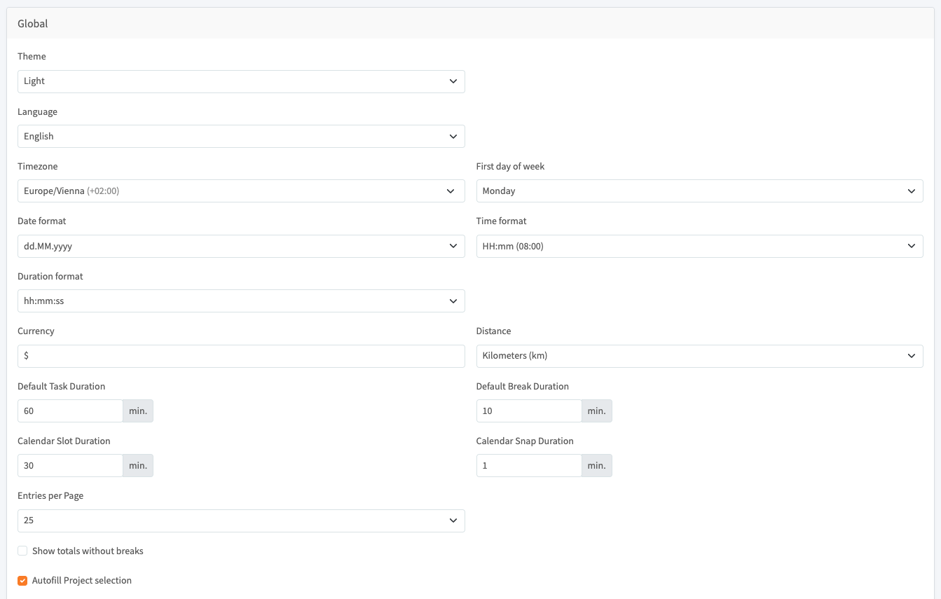 Global settings with theme, language, regional formats, currency, and default durations