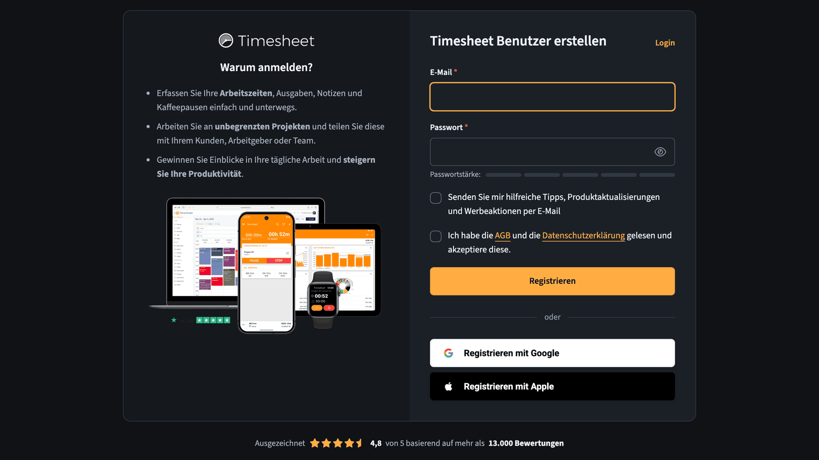 Das Registrierungsformular der Web-App