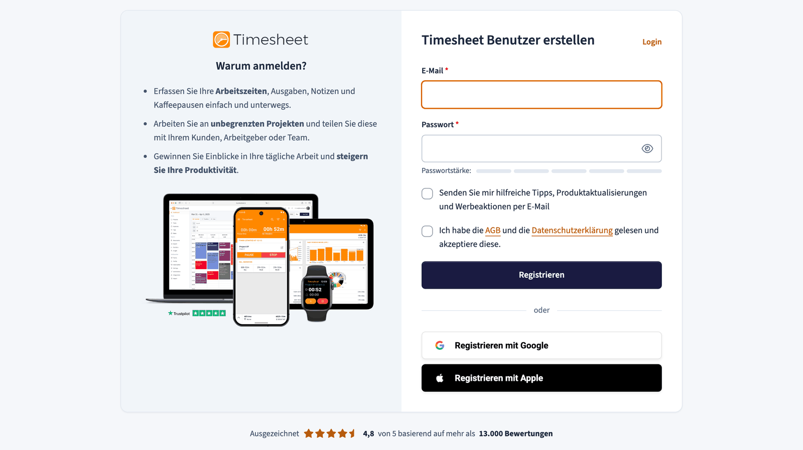 Das Registrierungsformular der Web-App