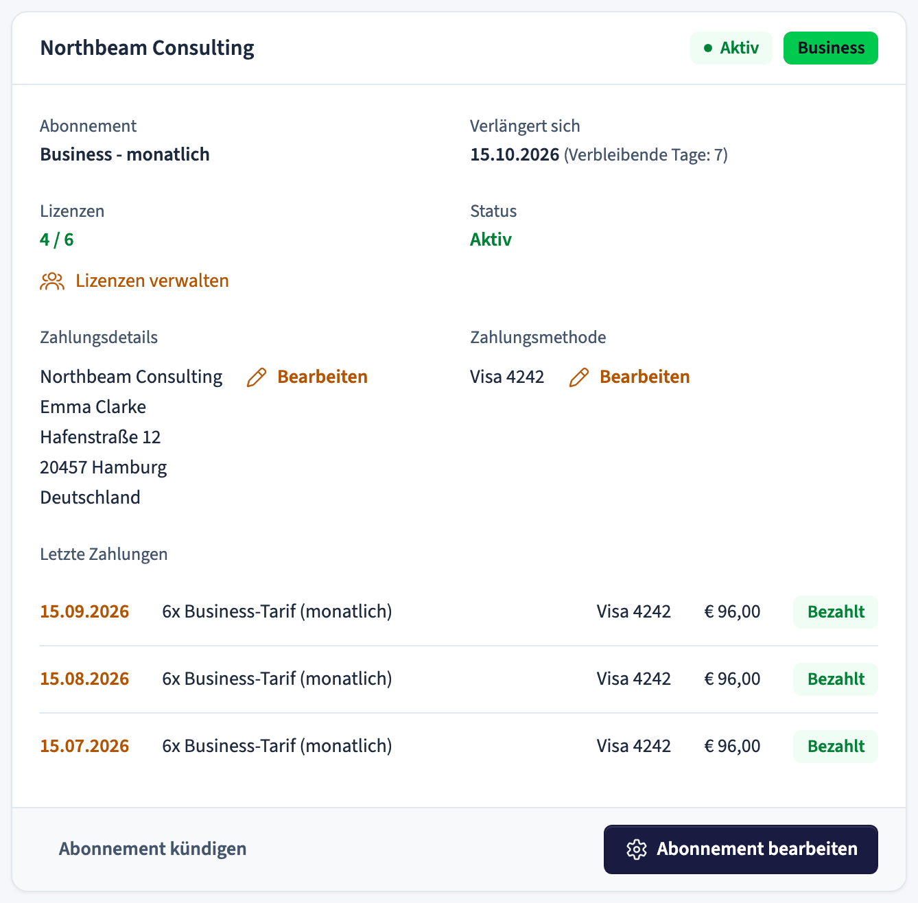 Abonnementdetails mit Plan, Lizenzen, Zahlungsdetails und letzten Zahlungen