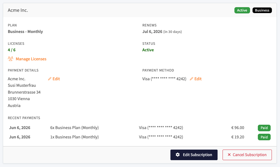 Subscription details with plan, licenses, payment details, and recent payments