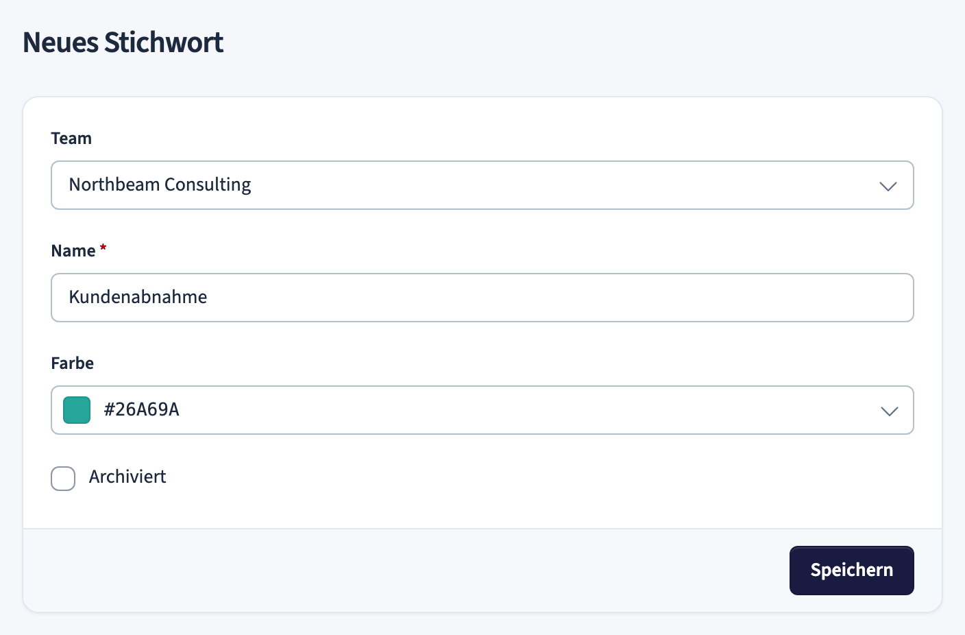 Formular für ein neues Stichwort mit den Feldern Team, Name, Farbe und Archiviert