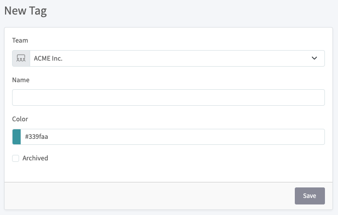 New tag form with team, name, color, and archived fields