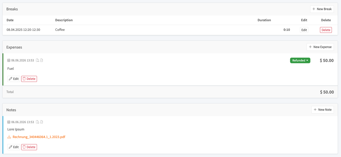 Breaks, expenses, and notes sections on a task