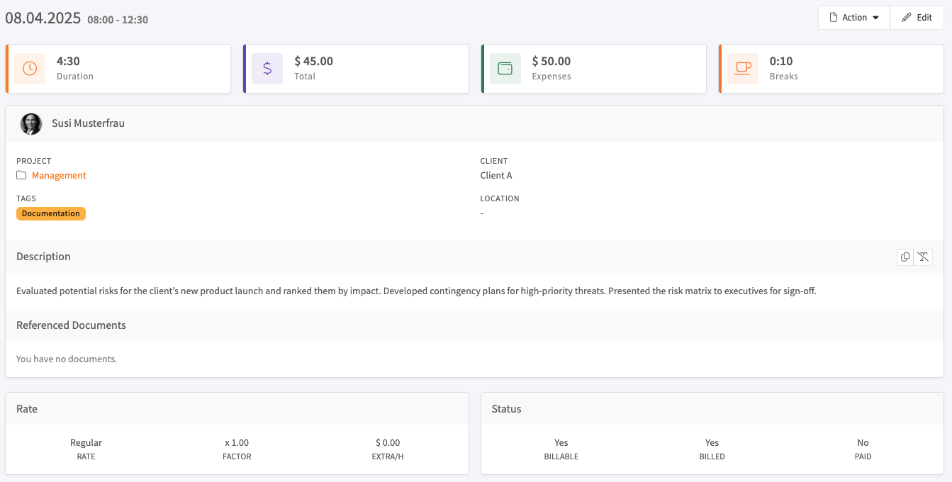 Task details view with summary cards, description, rate, and status