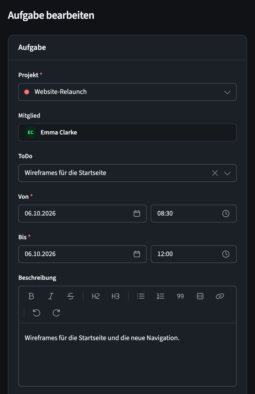 Aufgabenformular, erster Teil: Projekt, Mitglied, To-do, Zeiten und Beschreibung