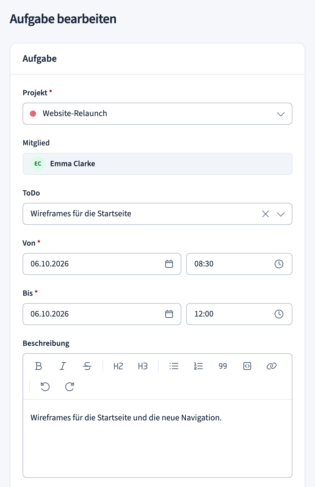 Aufgabenformular, erster Teil: Projekt, Mitglied, To-do, Zeiten und Beschreibung