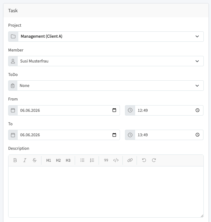 Task form, first part: project, member, ToDo, times, and description