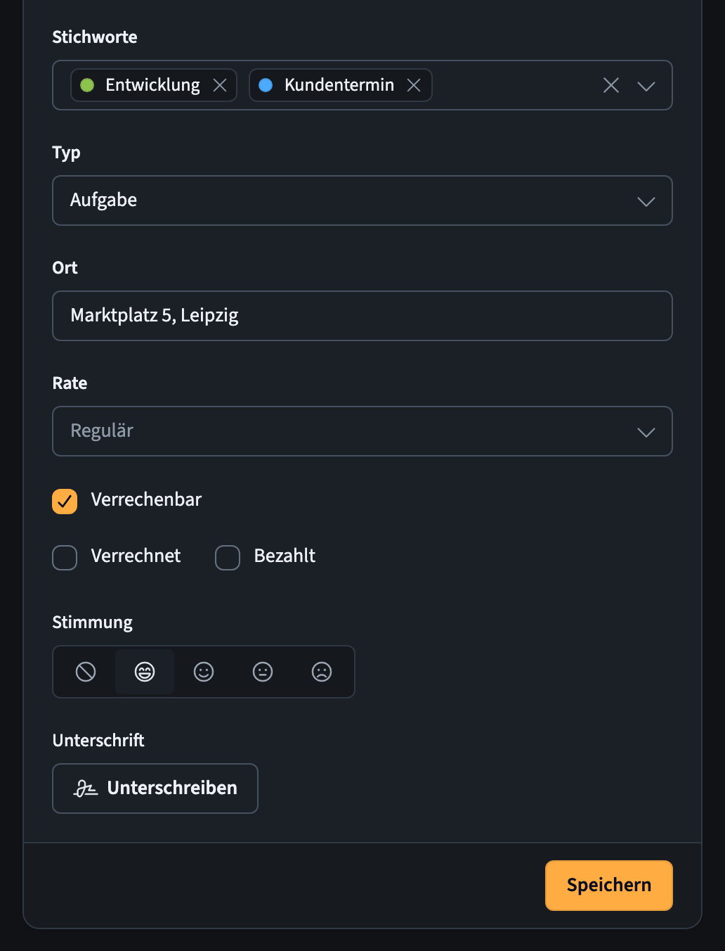 Aufgabenformular, zweiter Teil: Stichworte, Typ, Ort, Rate, Status, Stimmung und Unterschrift