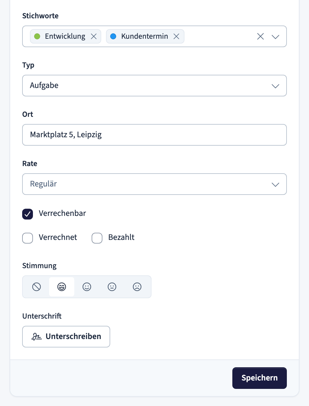 Aufgabenformular, zweiter Teil: Stichworte, Typ, Ort, Rate, Status, Stimmung und Unterschrift