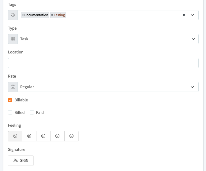 Task form, second part: tags, type, location, rate, status, feeling, and signature