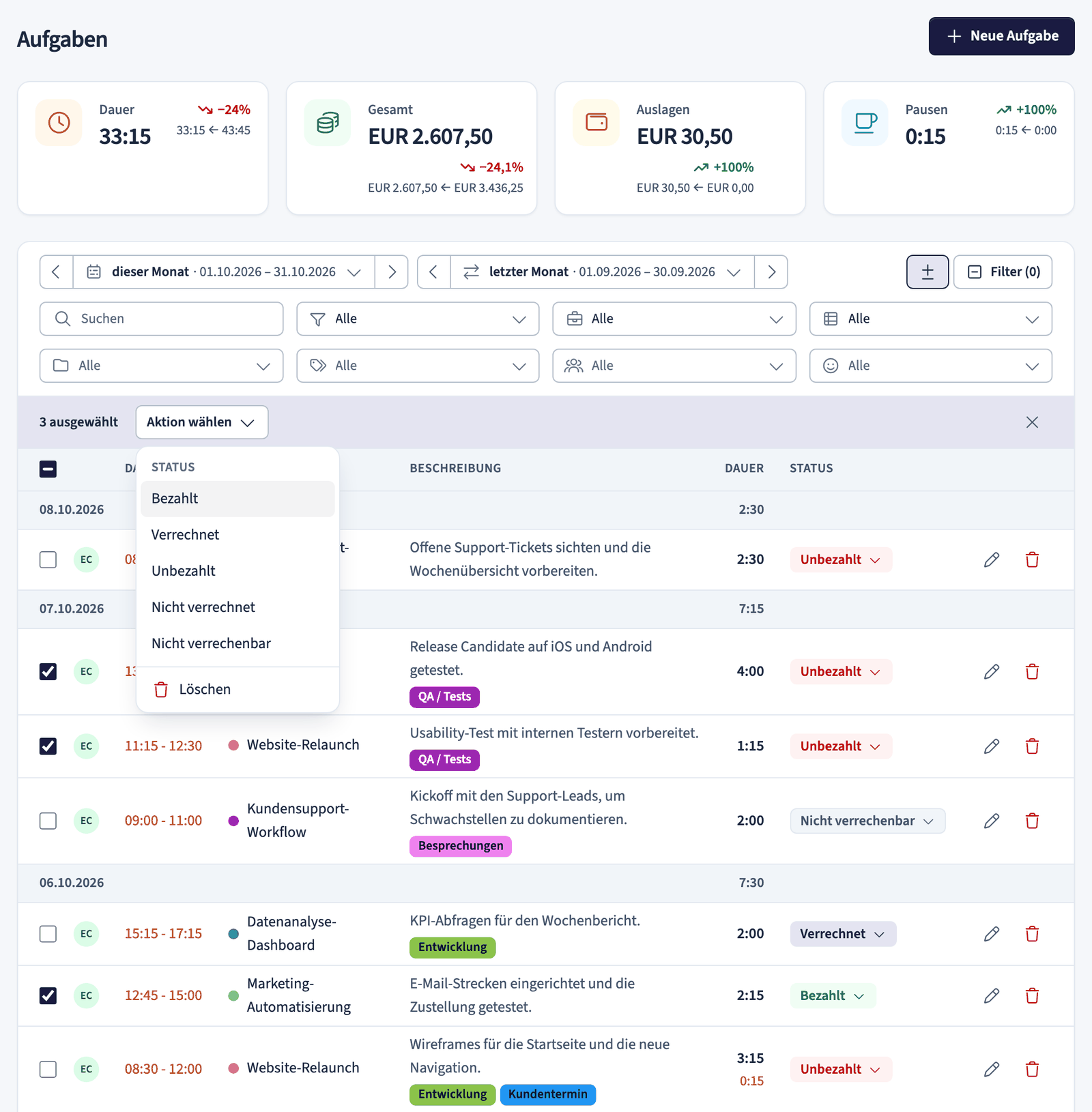 Aufgabenlisten-Filter, Zeilenauswahl und Massenaktionen