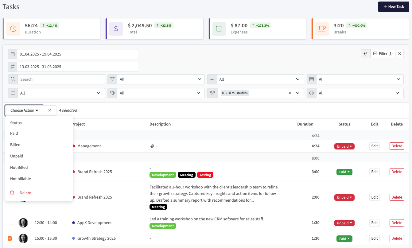 Task list filters, row selection, and bulk actions