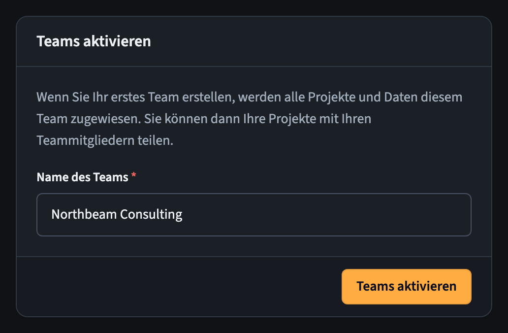 Formular Teams aktivieren mit einem Feld für den Teamnamen