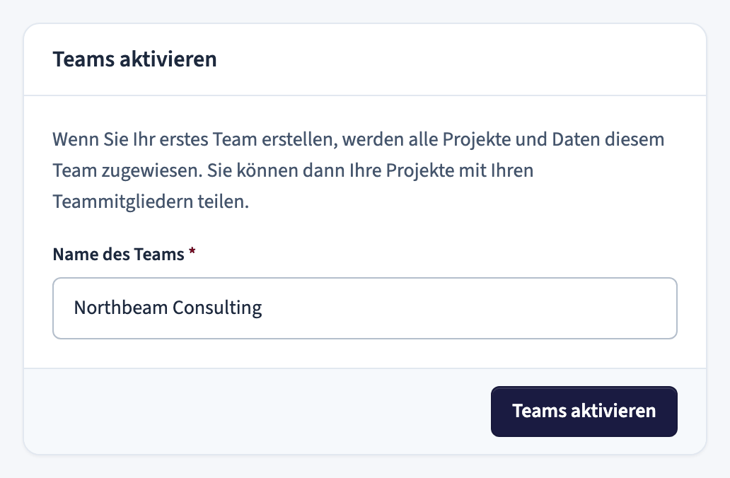 Formular Teams aktivieren mit einem Feld für den Teamnamen