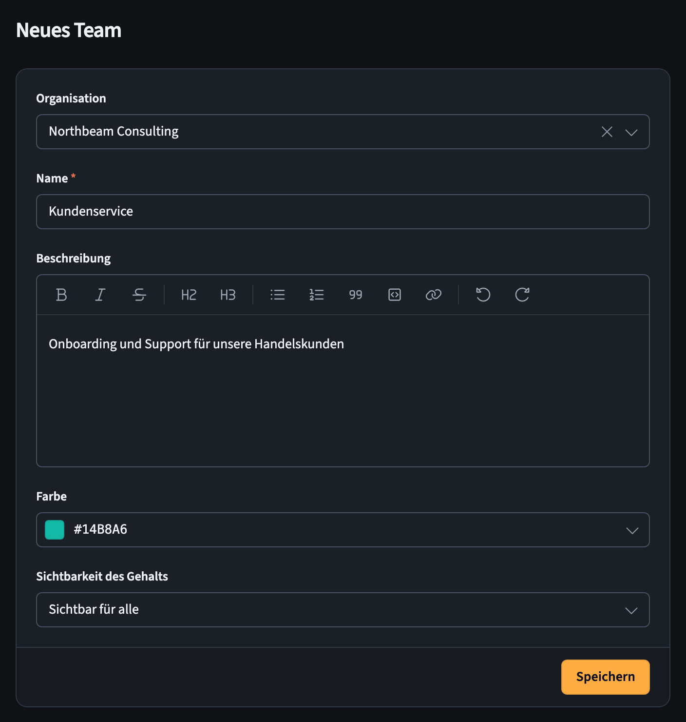 Formular Neues Team mit Feldern für Organisation, Name, Beschreibung, Farbe und Sichtbarkeit des Gehalts