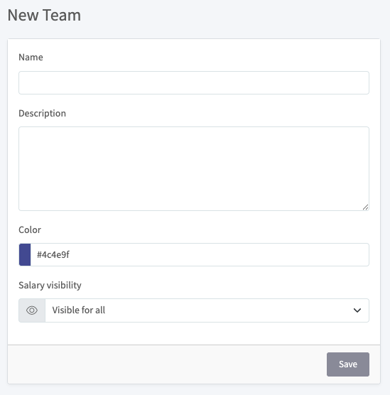 New Team form with name, description, color, and salary visibility fields
