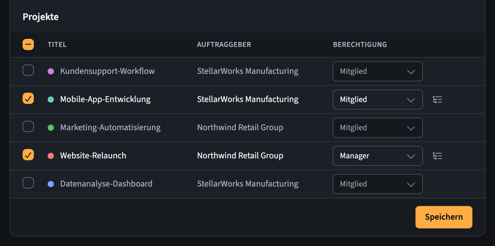 Projektliste mit Kontrollkästchen und einem Berechtigungs-Dropdown für jedes Projekt