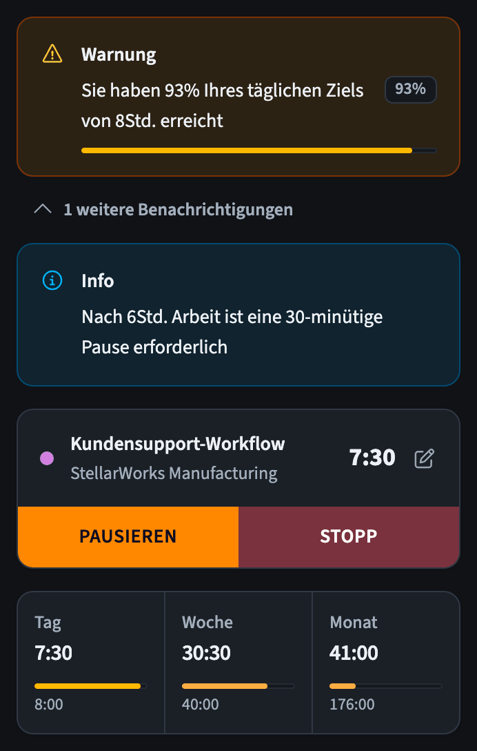 Arbeitszeitwarnung und Pausenerinnerung über dem Timer