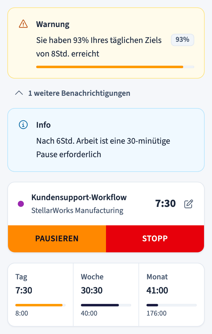Arbeitszeitwarnung und Pausenerinnerung über dem Timer