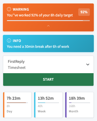 Arbeitszeitwarnung und Pausenerinnerung über dem Timer
