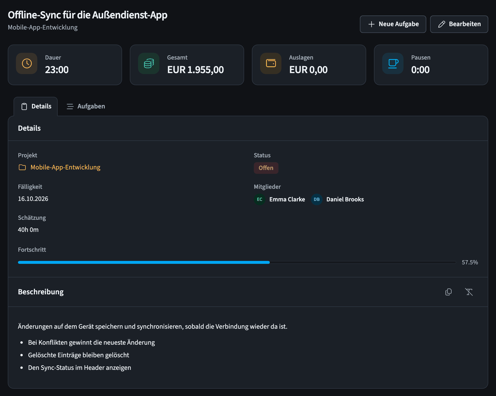 To-do-Detailansicht mit Übersichtskarten für Dauer, Gesamt, Auslagen und Pausen