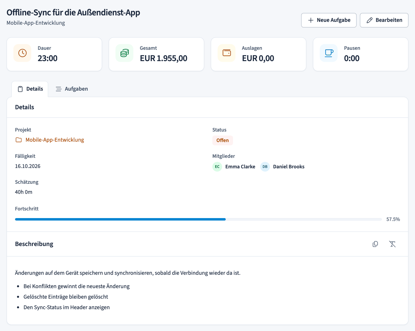 To-do-Detailansicht mit Übersichtskarten für Dauer, Gesamt, Auslagen und Pausen