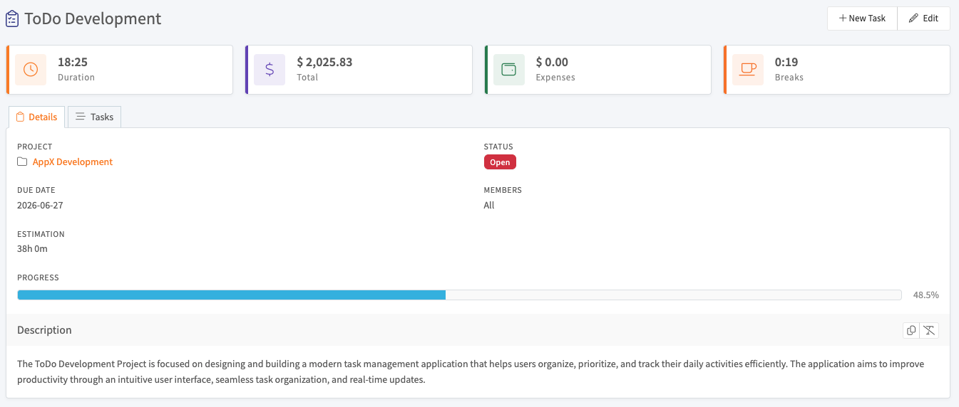 ToDo details view with duration, total, expenses, and break summary cards
