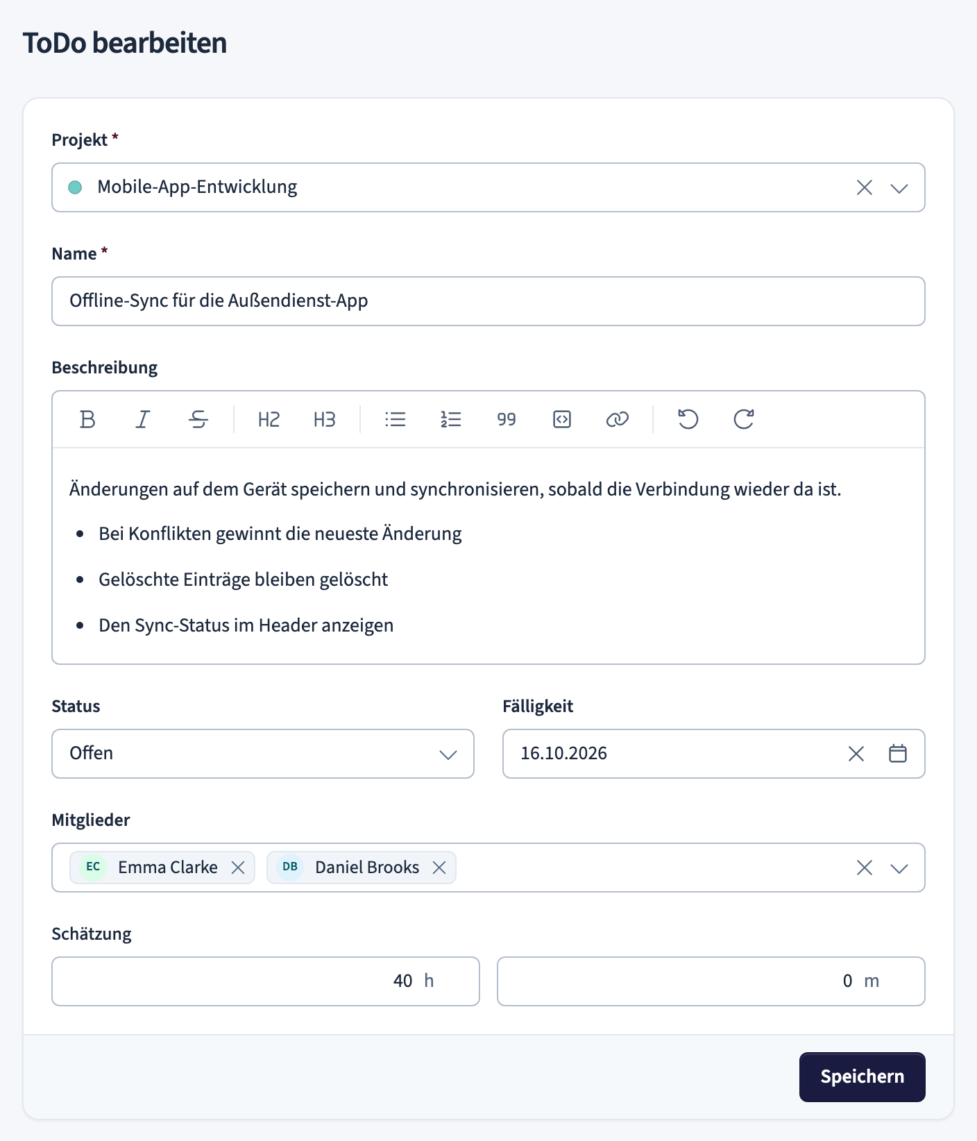 To-do-Formular mit den Feldern Projekt, Name, Beschreibung, Status, Fälligkeit, Mitglieder und Schätzung