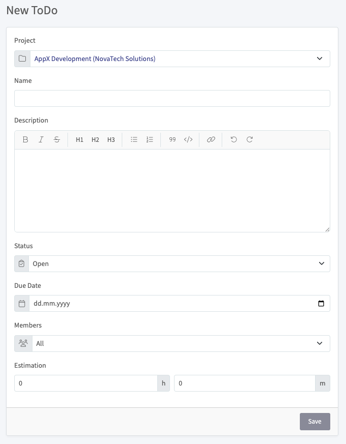 ToDo form with project, name, description, status, due date, members, and estimation fields
