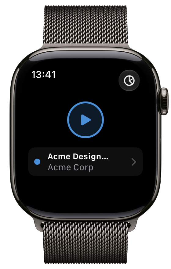 Watch-App ohne laufenden Timer: Startknopf und ausgewähltes Projekt