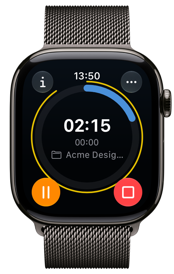 Watch-App mit laufendem Timer, Pause- und Stopp-Knopf