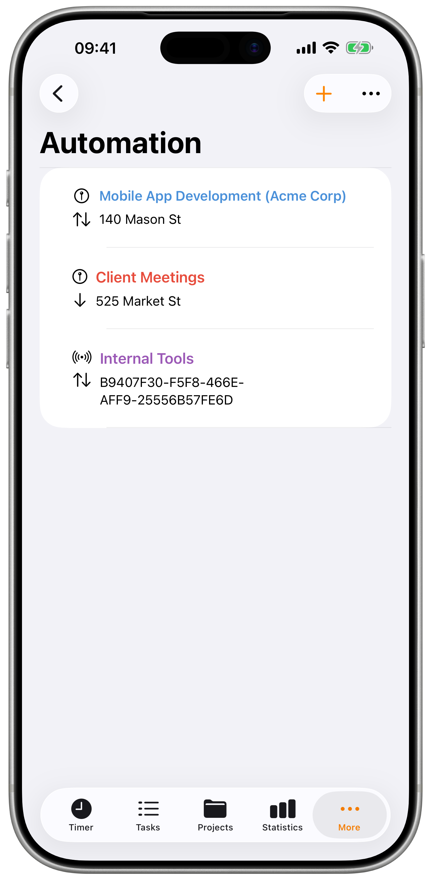 Automation list showing geofence and beacon entries.