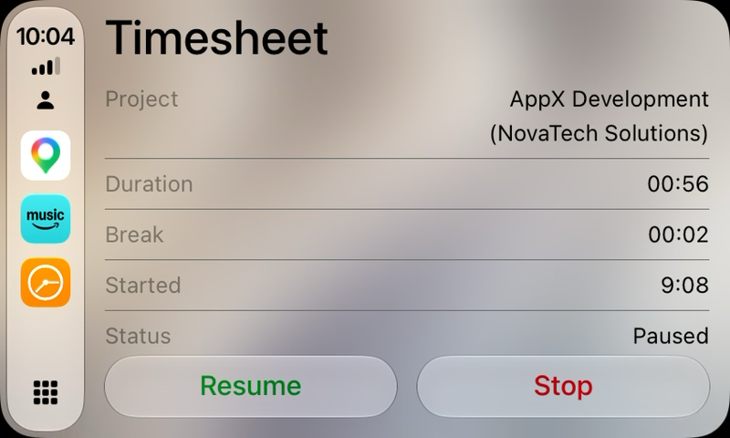 CarPlay summary with a paused timer, showing break time, Resume and Stop