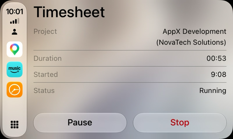 CarPlay summary with a running timer, Pause and Stop